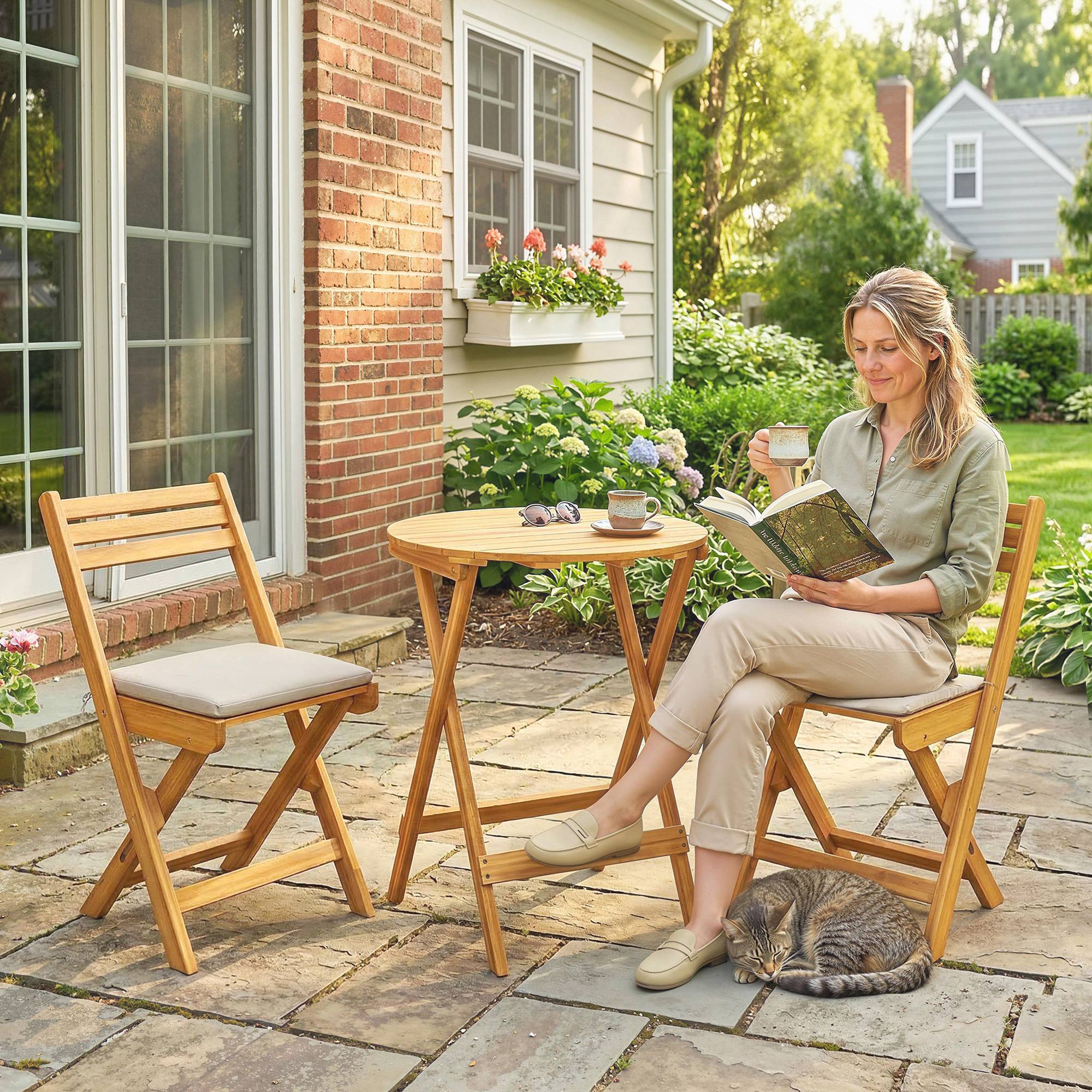 ComfortXL - Salon de balcon pliable en bois d’acacia avec coussins beiges pour 2 personnes - ComfortXL Outdoor Living - Image 4