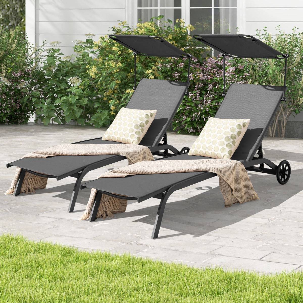 Helloshop26 - Bain de soleil inclinable à dossier 6 niveaux charge 150 kg chaise longue jardin extérieur avec roues auvent transat jardin extérieur gris - Image 2