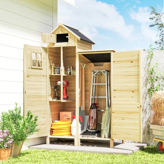 Armoire jardin bois toit bitumé double zone étagères amovibles 106x57x167cm naturel - Image 4
