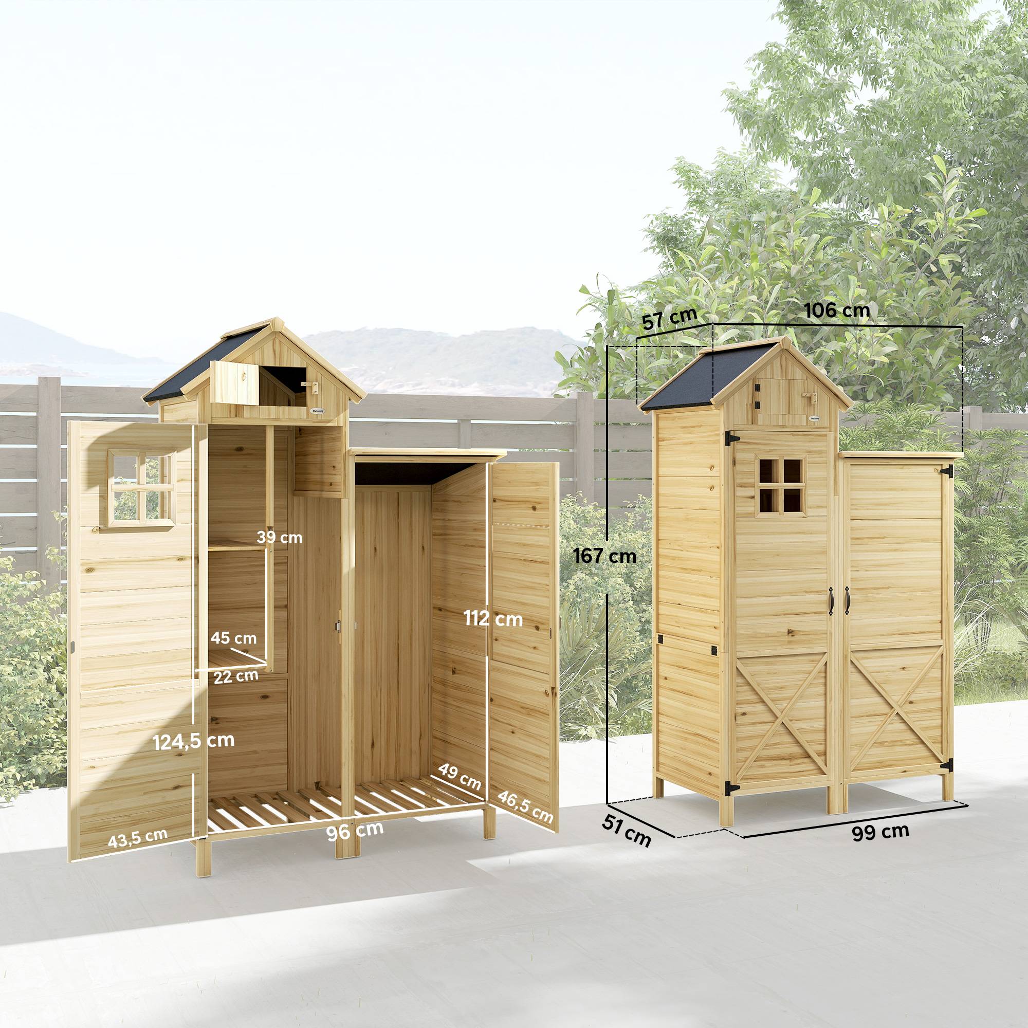 Armoire jardin bois toit bitumé double zone étagères amovibles 106x57x167cm naturel - Image 5