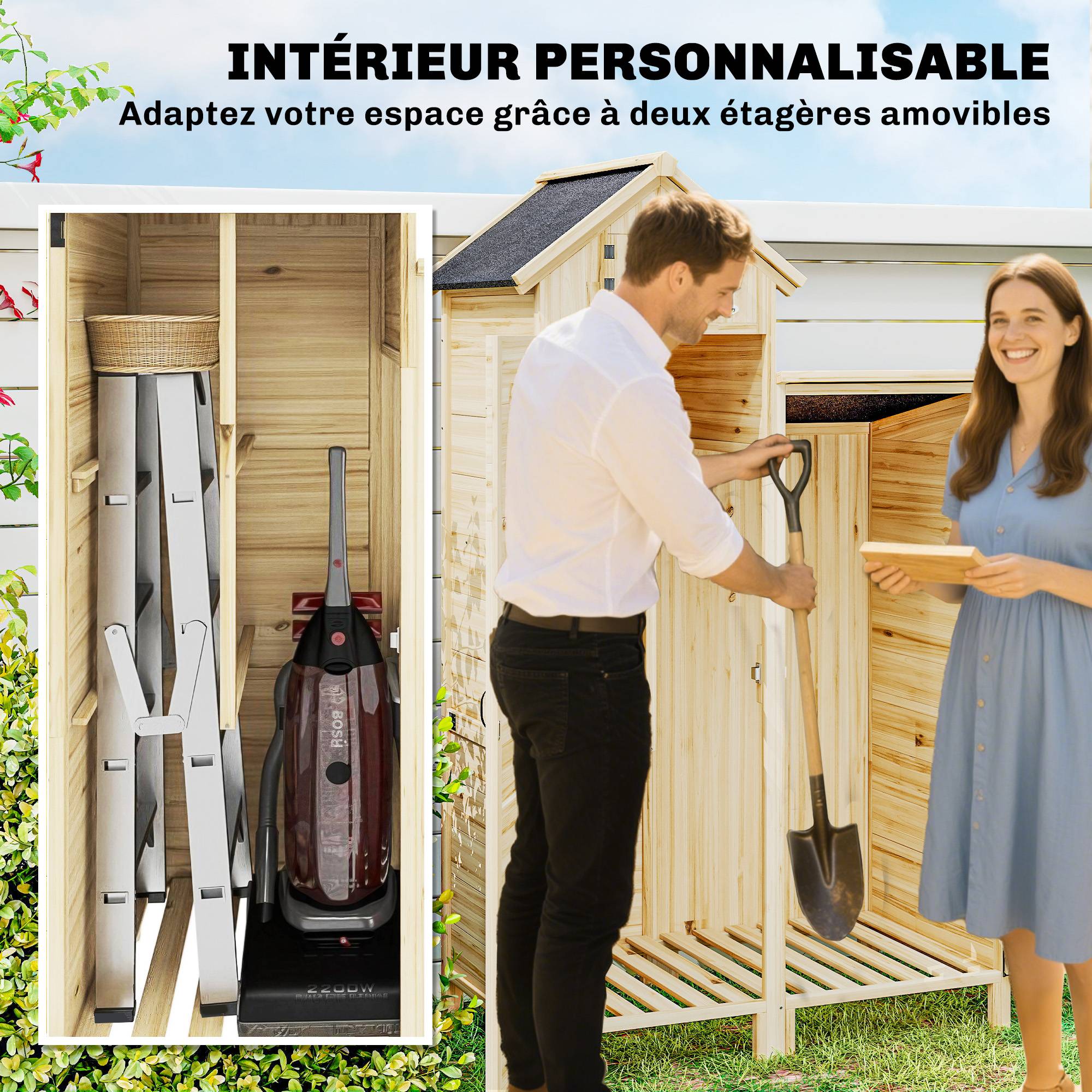 Armoire jardin bois toit bitumé double zone étagères amovibles 106x57x167cm naturel - Image 8