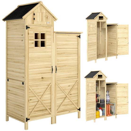 Armoire jardin bois toit bitumé double zone étagères amovibles 106x57x167cm naturel - Image 1