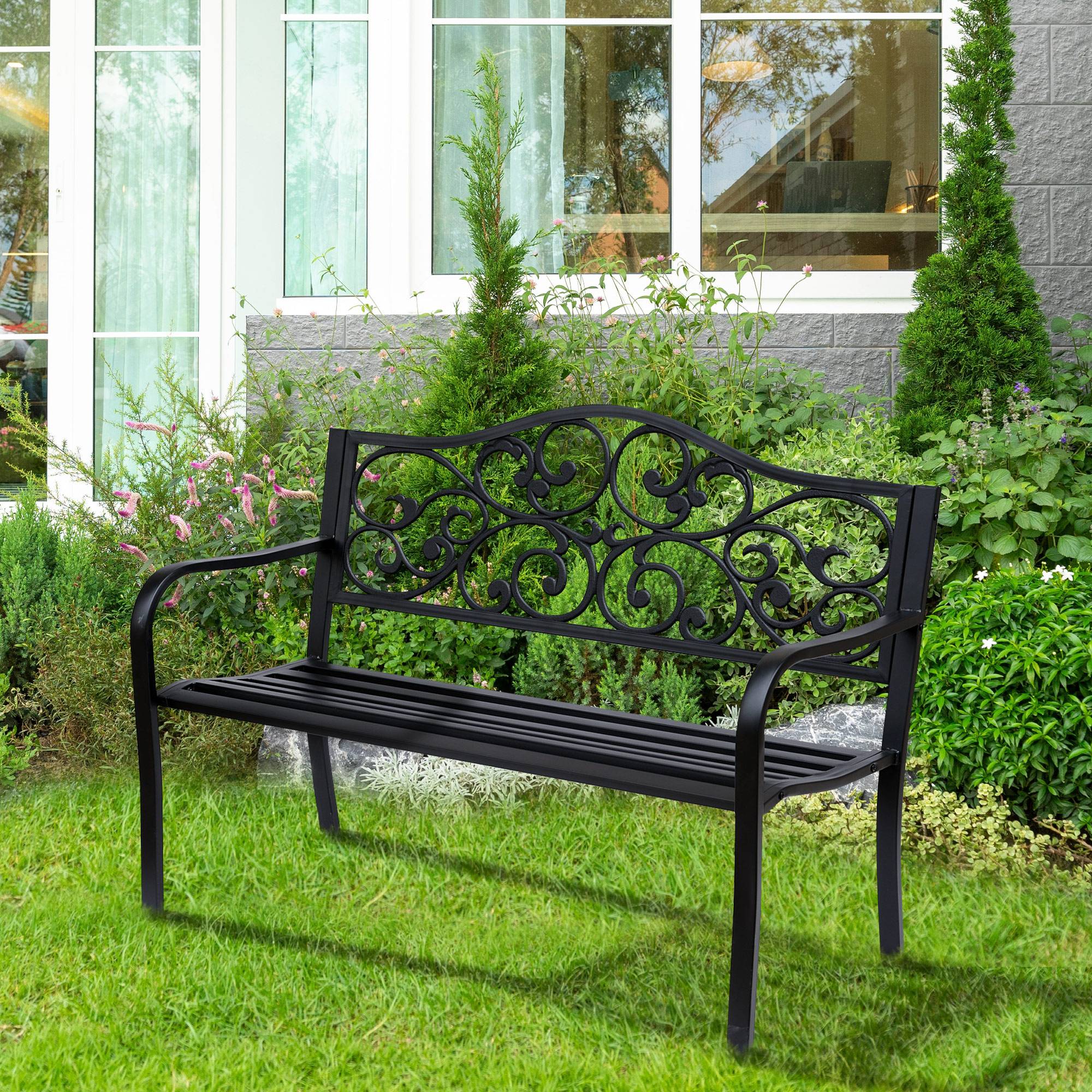 ComfortXL - Banc de jardin acier fonte extérieur Dossier classique incurvé 2 places 127x60x89cm noir - ComfortXL Outdoor Living - Image 3