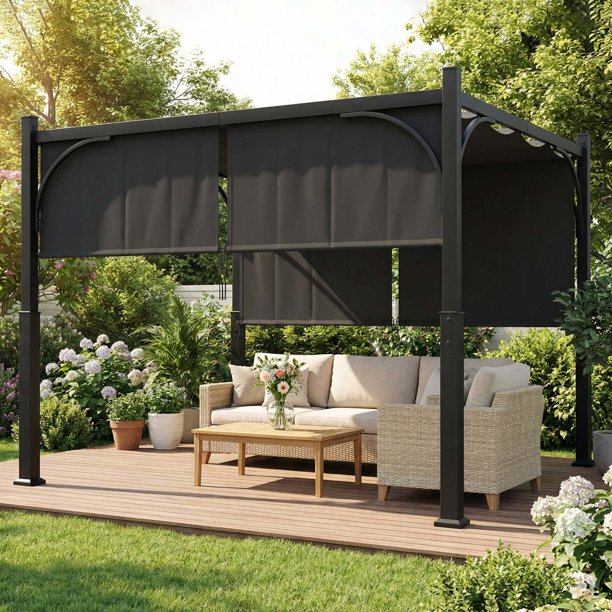 Pergola de jardin 3 x 3 m tonnelle de jardin avec Auvent coulissant, structure métallique, pour extérieur, Gris Foncé - Image 9