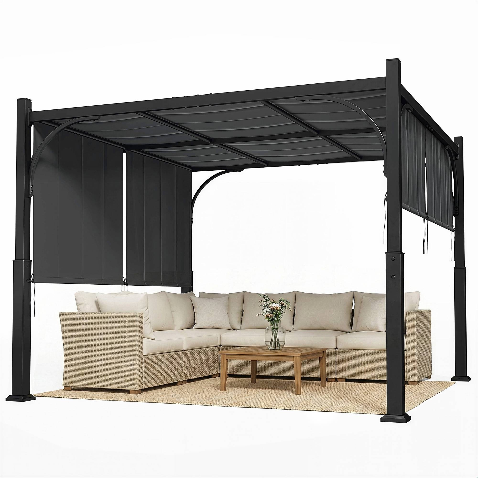 Pergola de jardin 3 x 3 m tonnelle de jardin avec Auvent coulissant, structure métallique, pour extérieur, Gris Foncé - Image 2