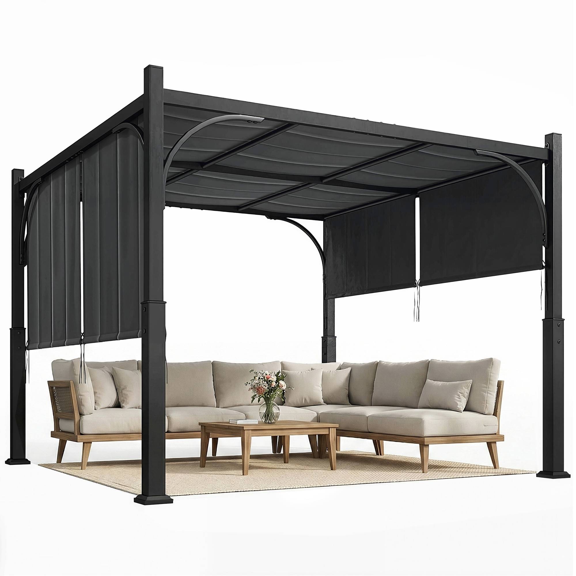 Pergola de jardin 3 x 3 m tonnelle de jardin avec Auvent coulissant, structure métallique, pour extérieur, Gris Foncé - Image 1