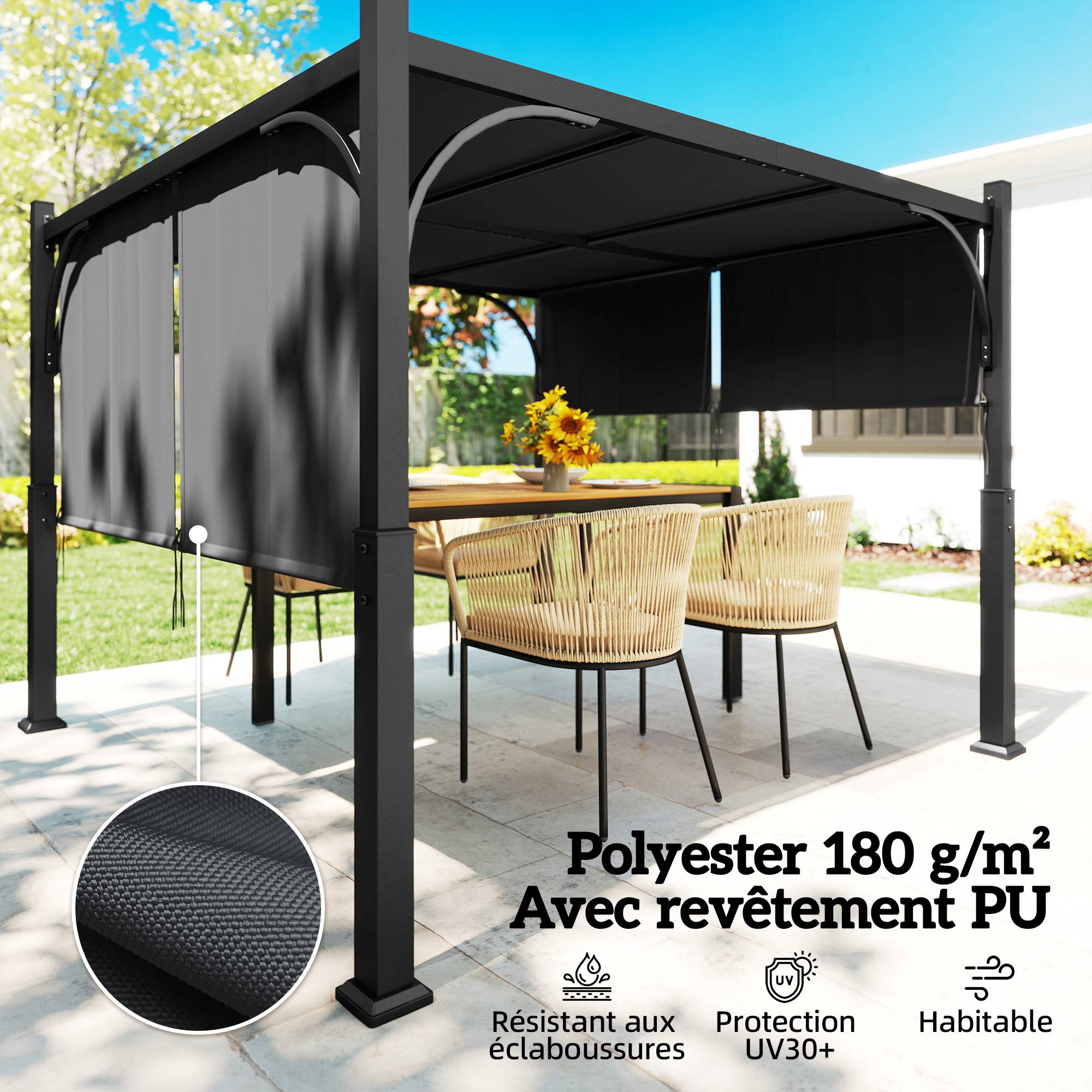 Pergola de jardin 3 x 3 m tonnelle de jardin avec Auvent coulissant, structure métallique, pour extérieur, Gris Foncé - Image 8