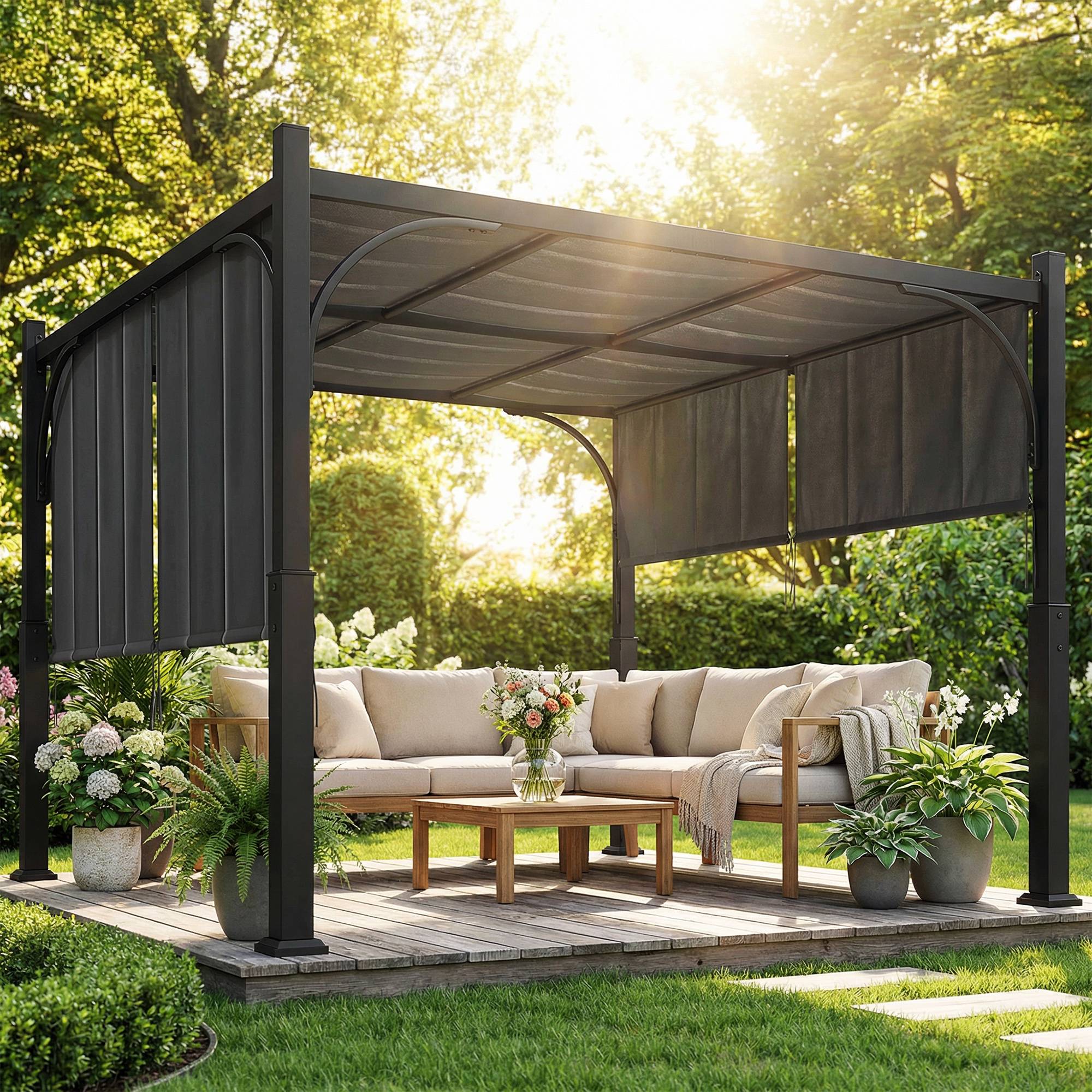 Pergola de jardin 3 x 3 m tonnelle de jardin avec Auvent coulissant, structure métallique, pour extérieur, Gris Foncé - Image 10