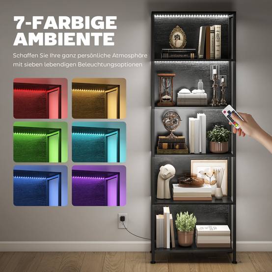 Bibliothèque à 5 niveaux avec éclairage LED, 7 couleurs de lumière, pour salon, 60 x 30 x 179 cm, noire - Image 6