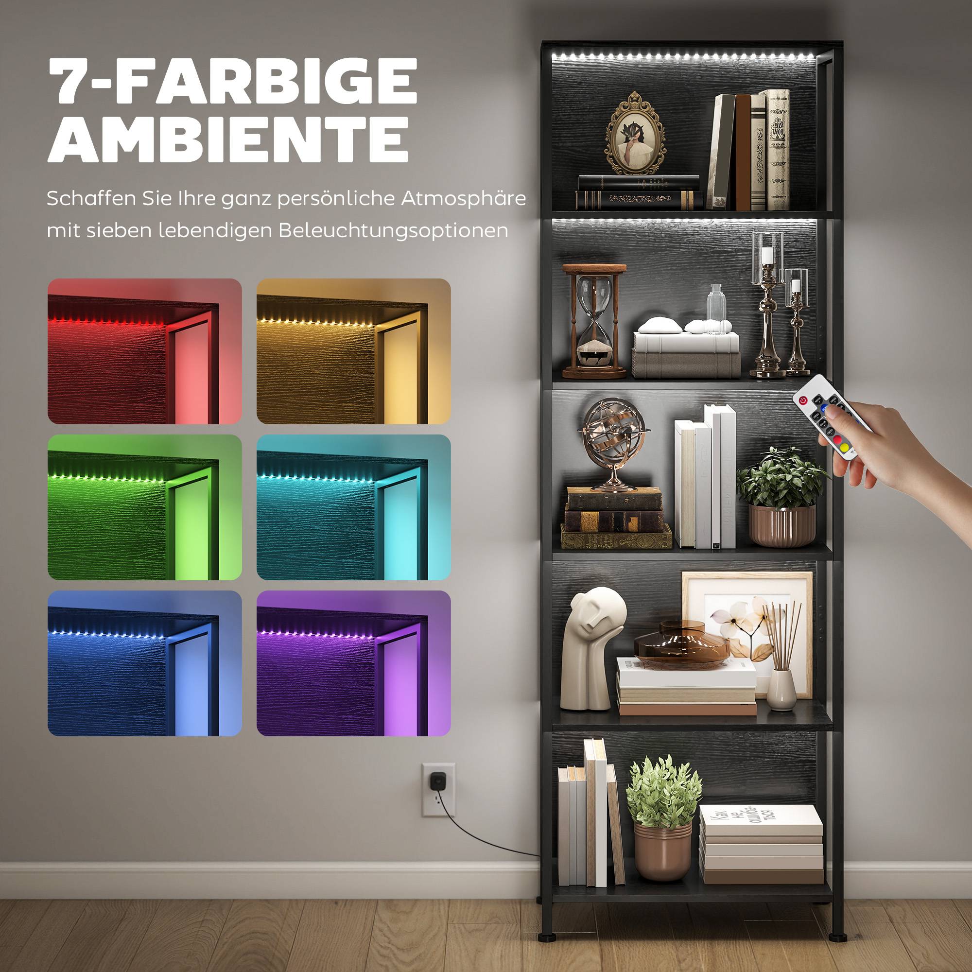 Bibliothèque à 5 niveaux avec éclairage LED, 7 couleurs de lumière, pour salon, 60 x 30 x 179 cm, noire - Image 6