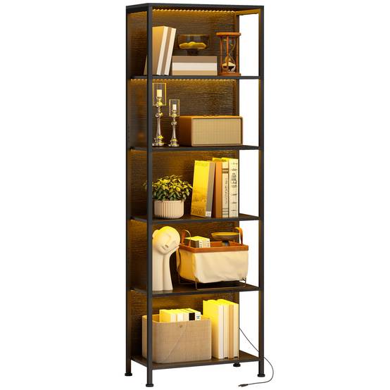 Bibliothèque à 5 niveaux avec éclairage LED, 7 couleurs de lumière, pour salon, 60 x 30 x 179 cm, noire - Image 1