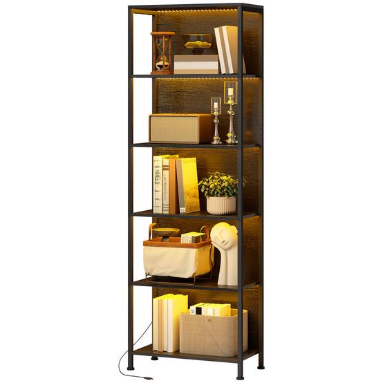 Bibliothèque à 5 niveaux avec éclairage LED, 7 couleurs de lumière, pour salon, 60 x 30 x 179 cm, noire - Image 2