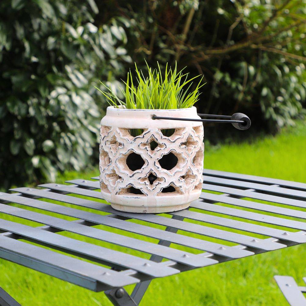 Lanterne extérieur jardin à poser bougie ancienne béton crème 14cm Chemin de campagne - Image 3
