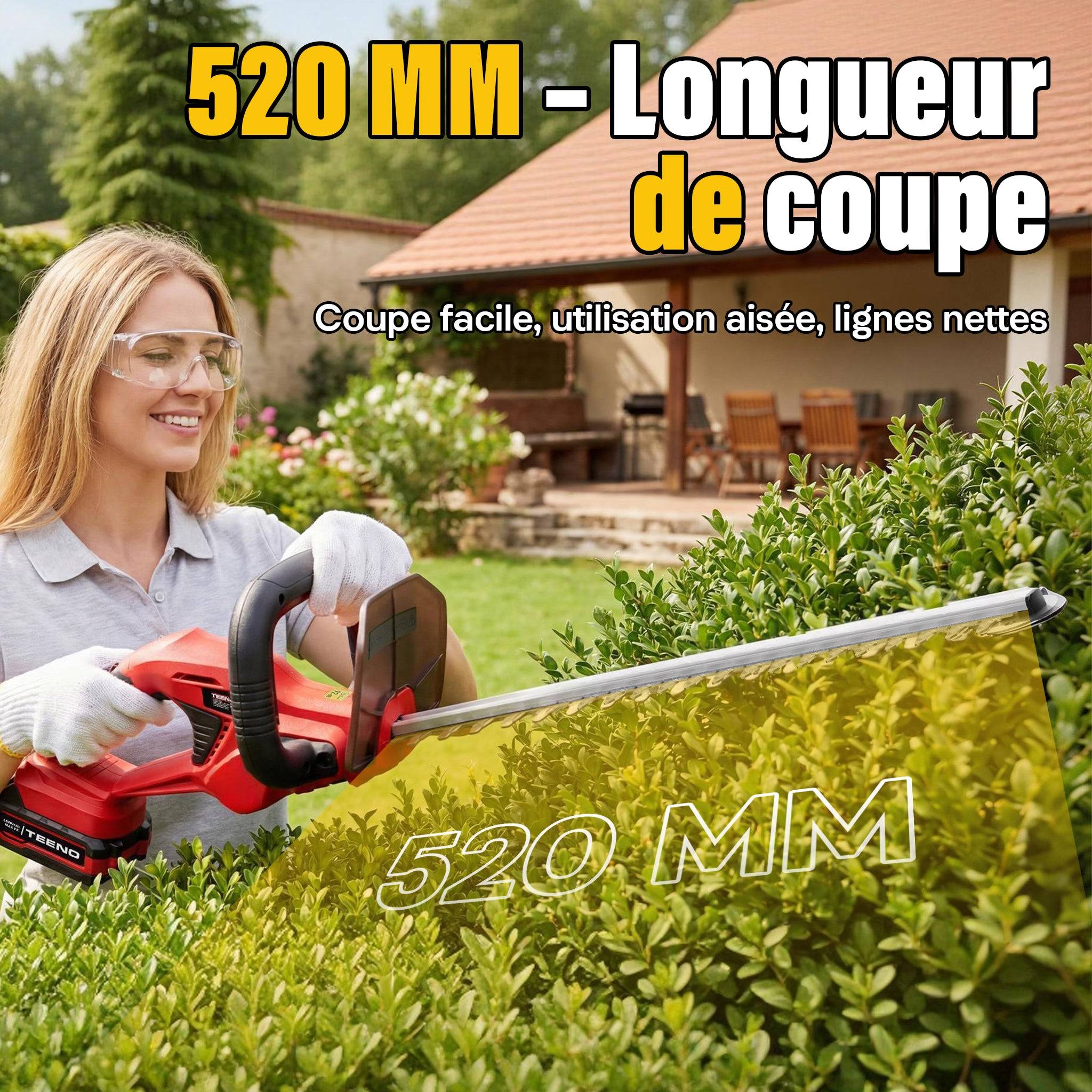 Teeno - Taille‑haies 20 V, batterie 4000 mAh, lame 52 cm, poignée rotative 180° - Image 3