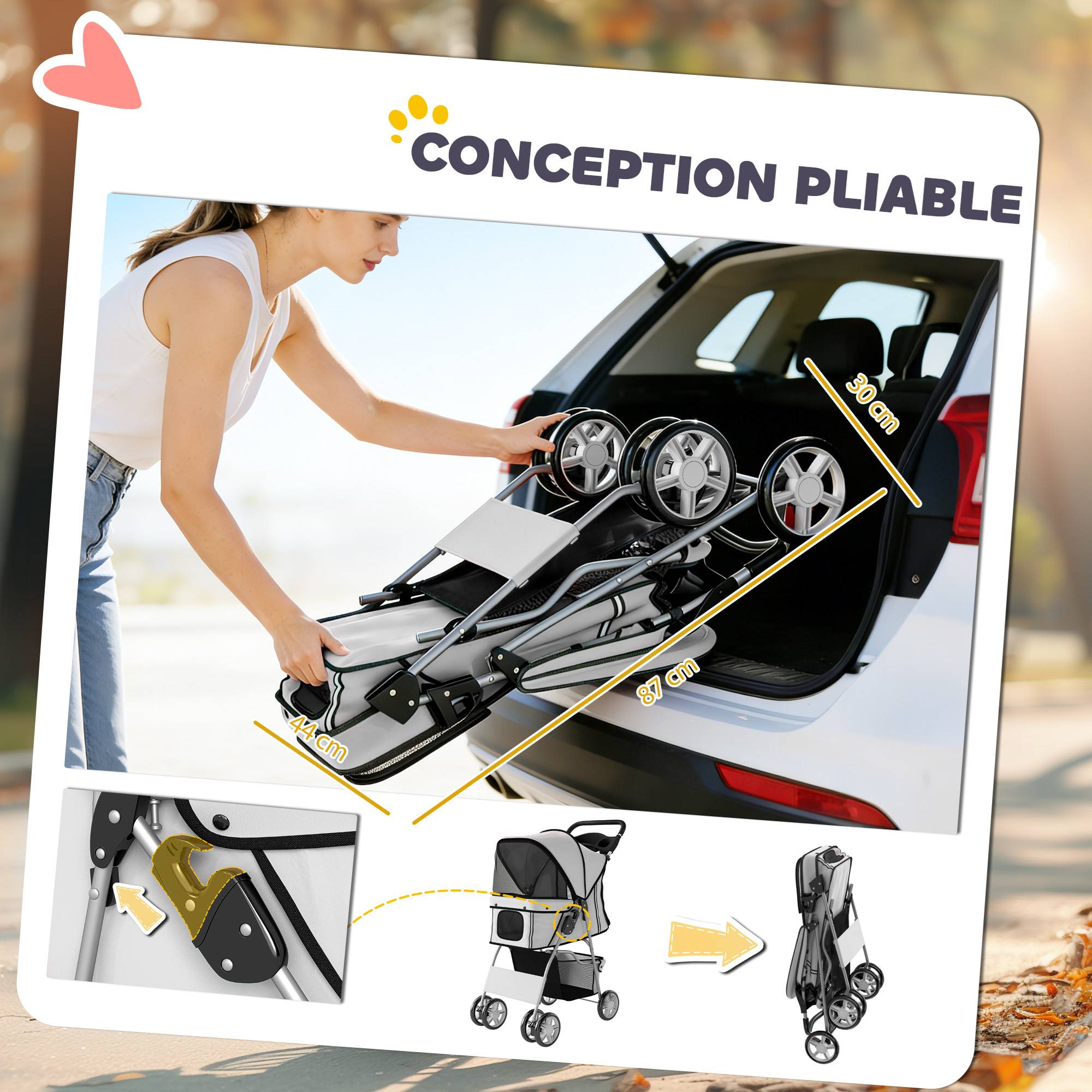 Poussette buggy pliable animaux chariot pliante chien chat porte-gobelet panier de rangement 75 x 45 x 97 cm gris - Image 7