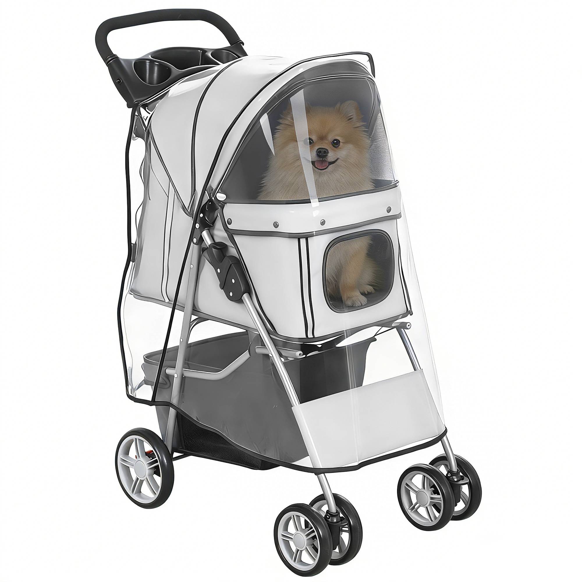 Poussette buggy pliable animaux chariot pliante chien chat porte-gobelet panier de rangement 75 x 45 x 97 cm gris - Image 1