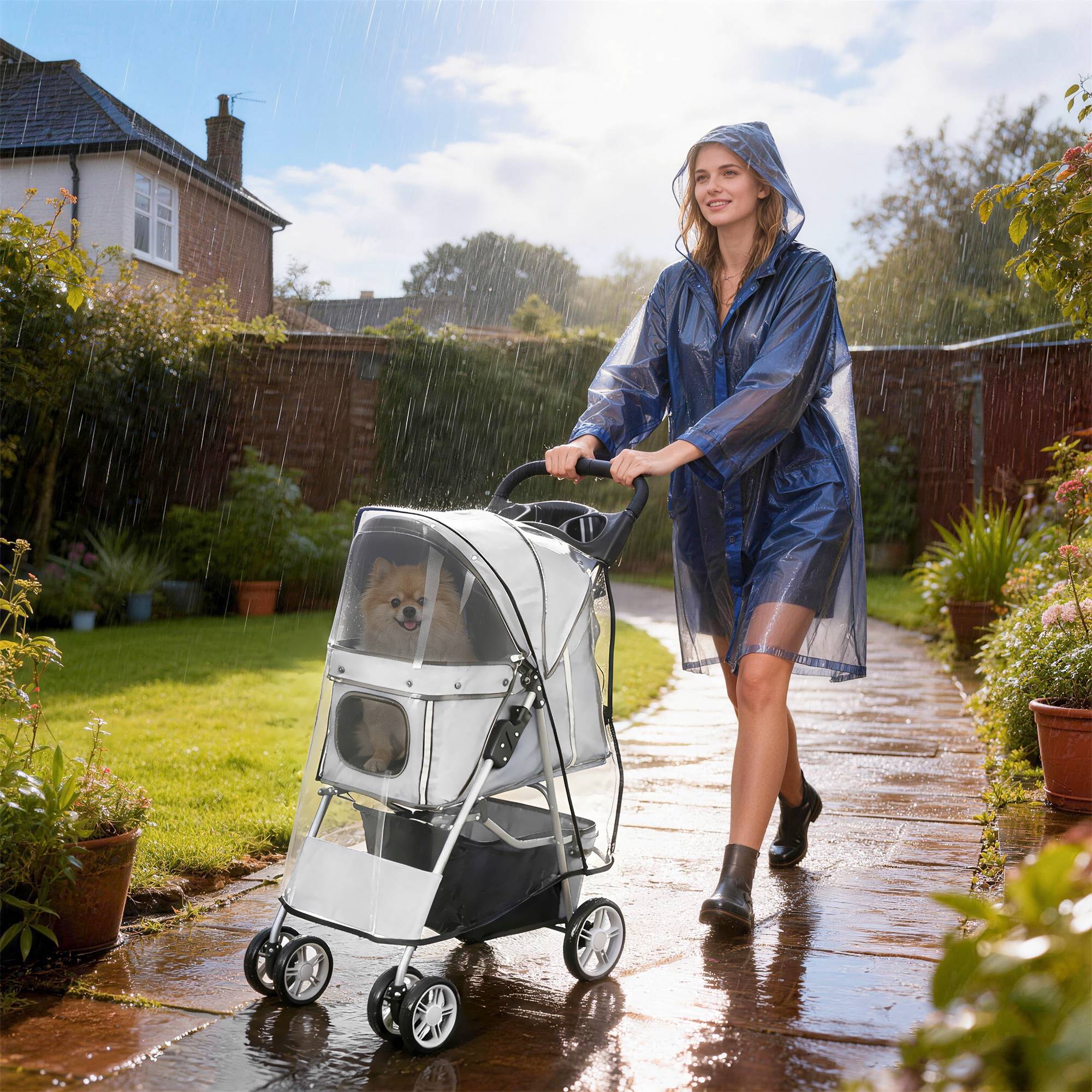 Poussette buggy pliable animaux chariot pliante chien chat porte-gobelet panier de rangement 75 x 45 x 97 cm gris - Image 3