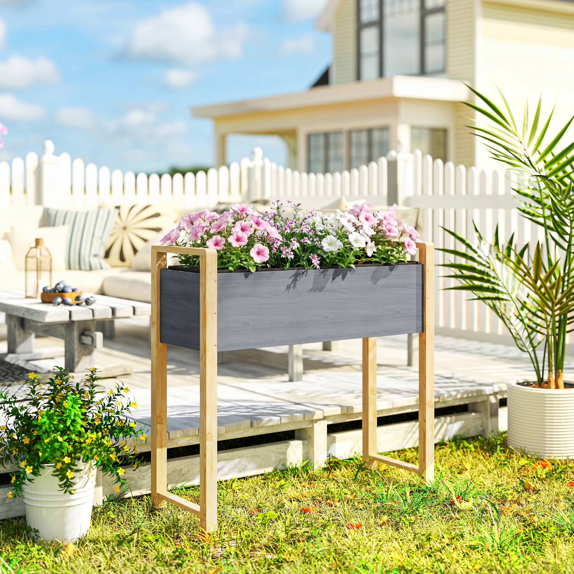Sans Marque - Carré Potager pieds Lit Jardin Surélevé 4 drainage Tissu non tissé 98x37x90 cm gris - Image 3