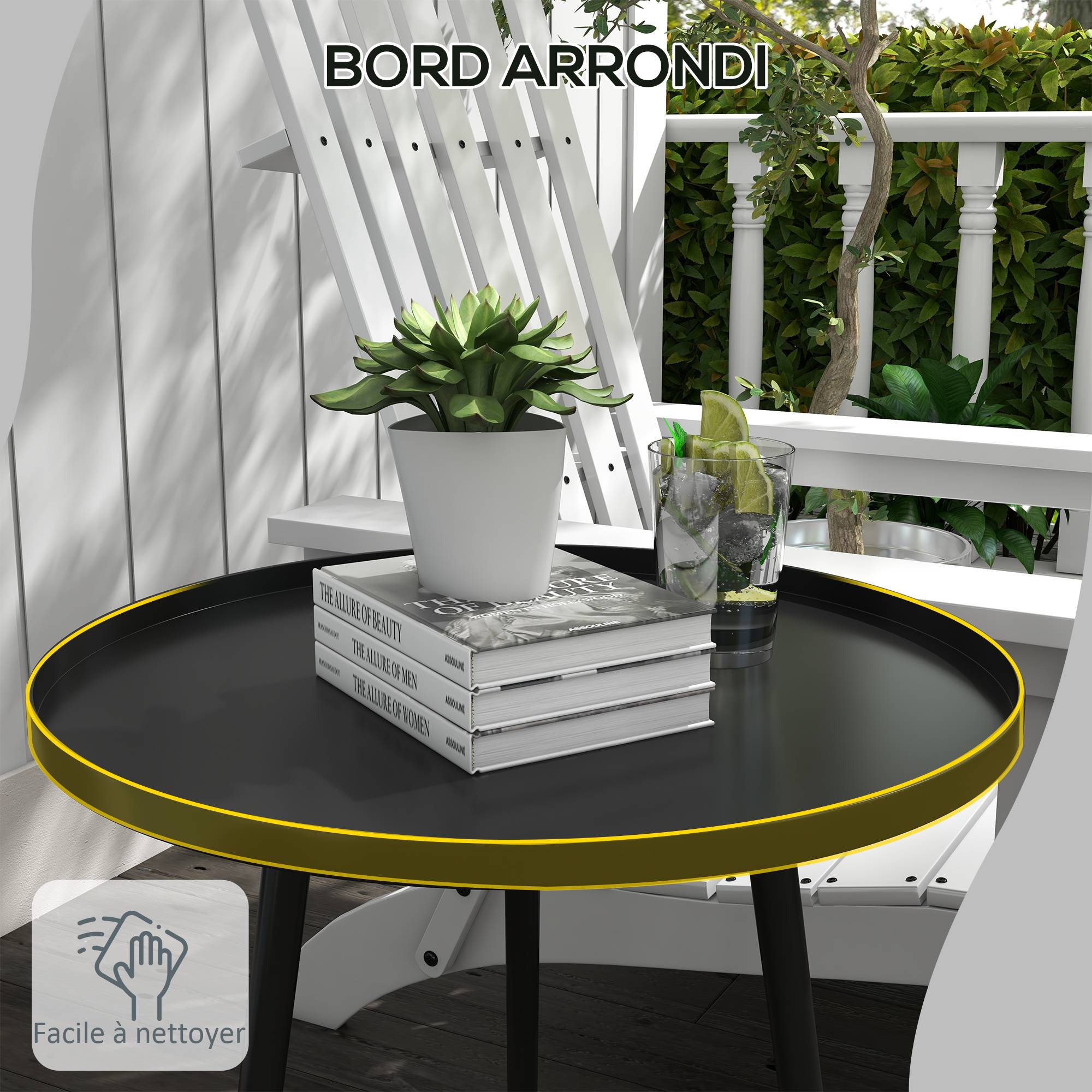 Table basse de jardin ronde, table d'appoint extérieur avec bord rond en acier, dim. Ø40 x 50H cm noir - Image 8