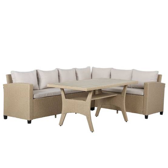Salon de jardin BELLWOOD en résine tressée 5 places coussins beige Beau Rivage - Image 1