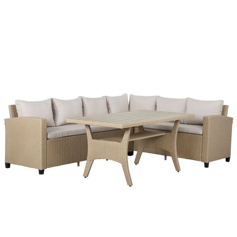 Salon de jardin BELLWOOD en résine tressée 5 places coussins beige Beau Rivage - Image 1