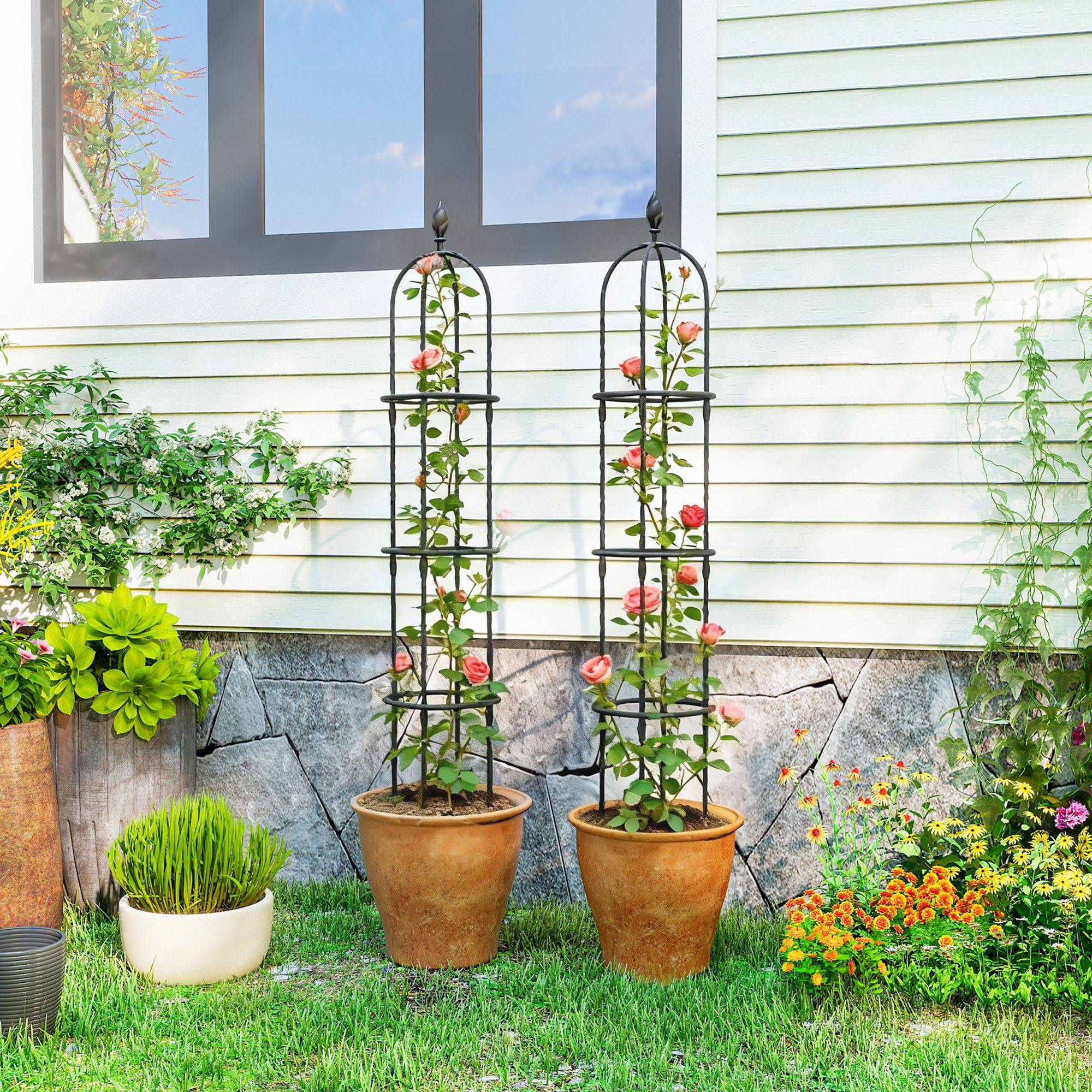 ComfortXL - Lot de 2 obélisques de jardin en acier gainé PE 174 cm noir pour plantes grimpantes - ComfortXL Outdoor Living - Image 3