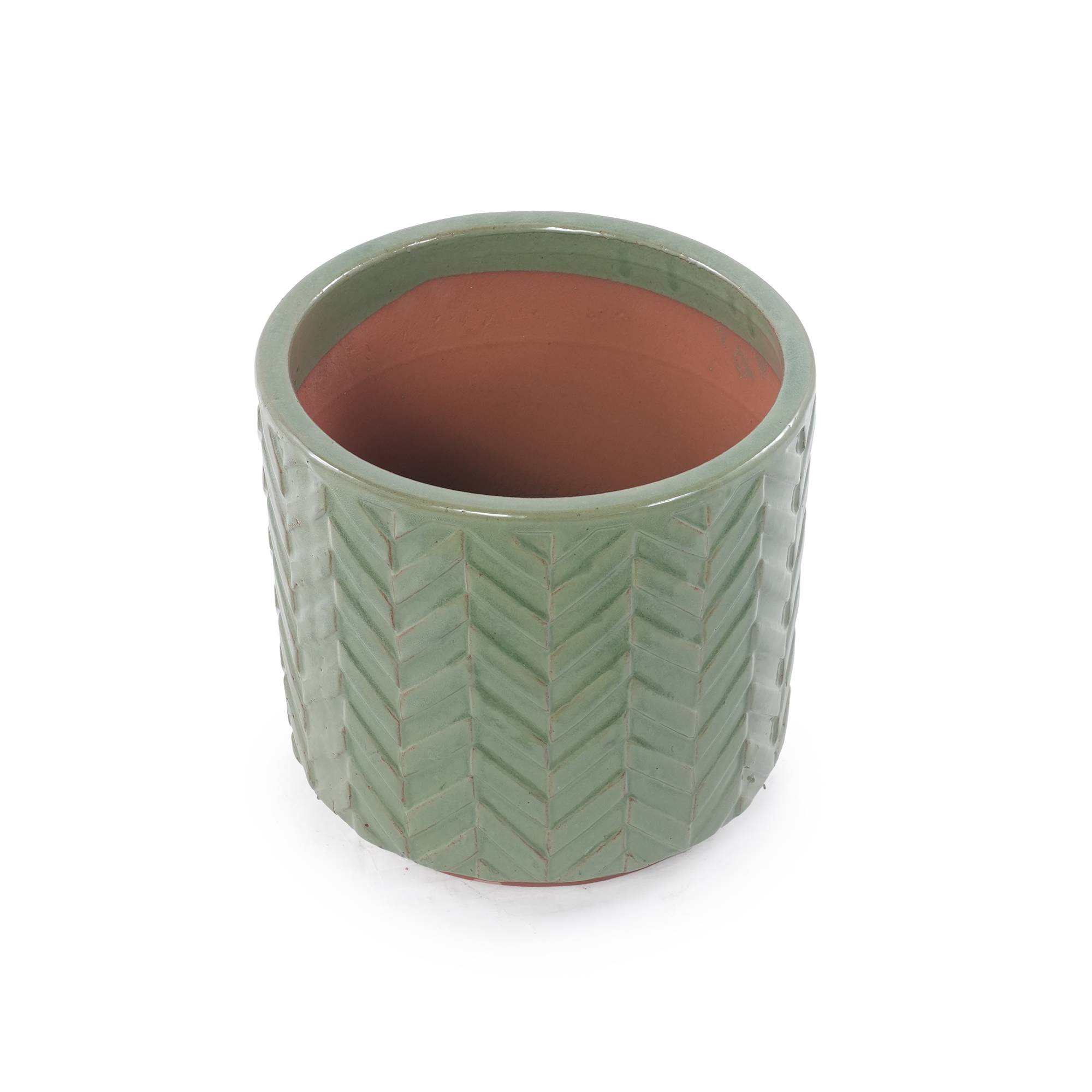 ComfortXL - Pot de fleurs céramique artisanal Ø24 cm vert sauge chevrons intérieur balcon drainage - ComfortXL Outdoor Living - Image 2