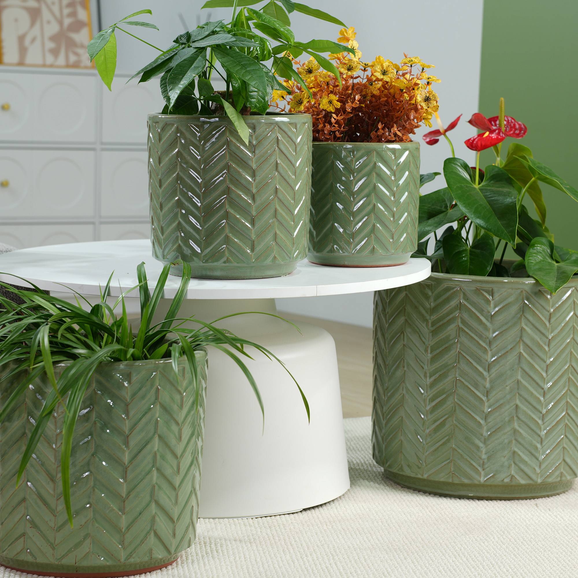 ComfortXL - Pot de fleurs céramique artisanal Ø24 cm vert sauge chevrons intérieur balcon drainage - ComfortXL Outdoor Living - Image 3