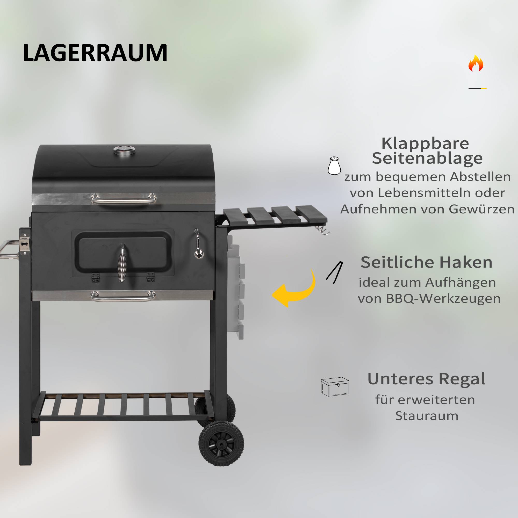 Barbecue charbon fumoir, 1 étagère, porte-serviette, 2 grilles,113x65x108cm, noir - Image 10
