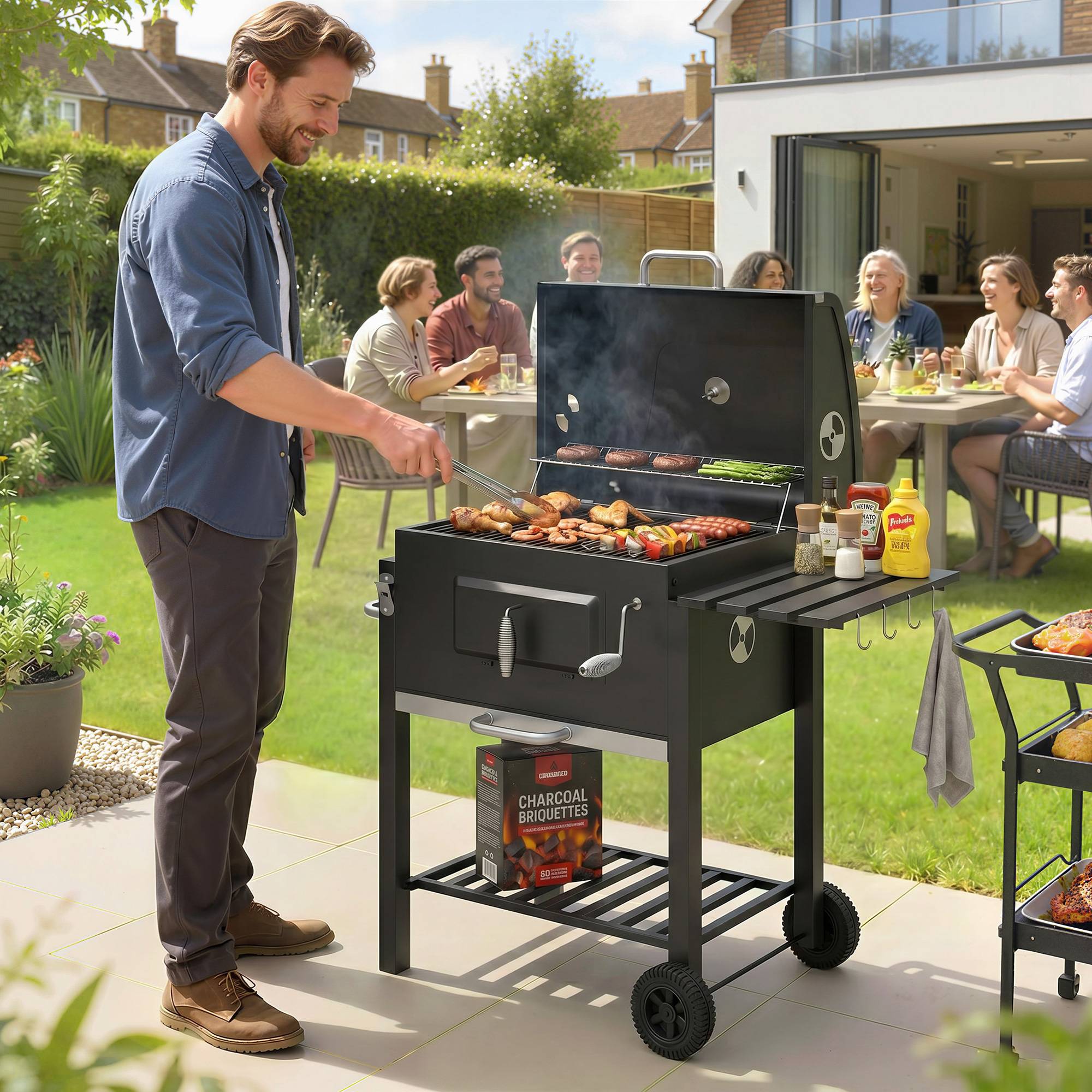 Barbecue charbon fumoir, 1 étagère, porte-serviette, 2 grilles,113x65x108cm, noir - Image 3