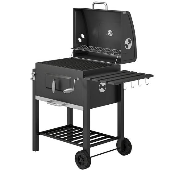 Barbecue charbon fumoir, 1 étagère, porte-serviette, 2 grilles,113x65x108cm, noir - Image 2