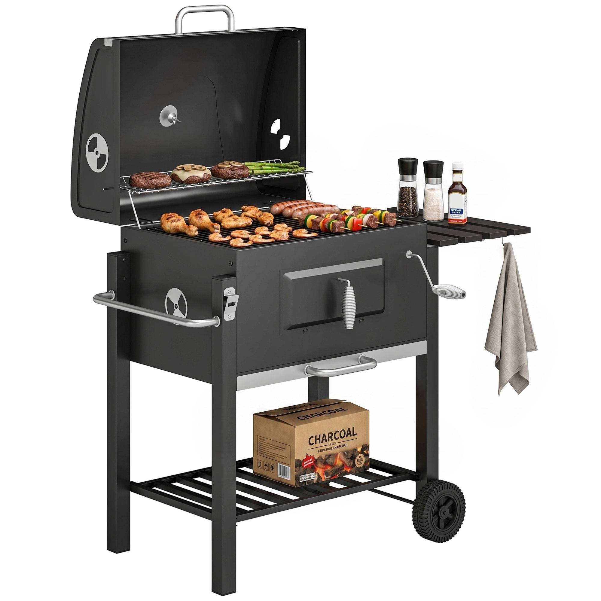 Barbecue charbon fumoir, 1 étagère, porte-serviette, 2 grilles,113x65x108cm, noir - Image 1