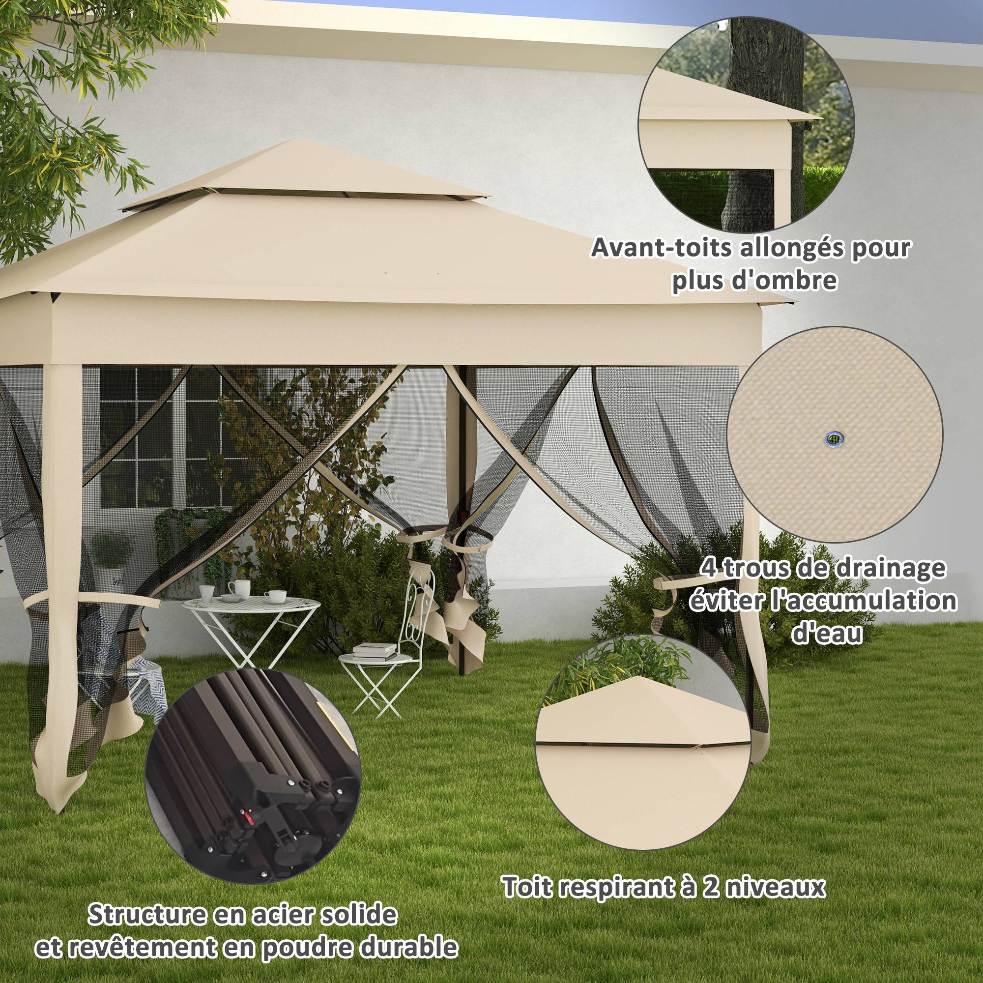 Outsunny - Tonnelle de Jardin Pop-up Pliant 3x3m imperméabilisé Anti UV, moustiquaires, Sac de Transport Métal/Polyester crème - Outsunny - Image 5