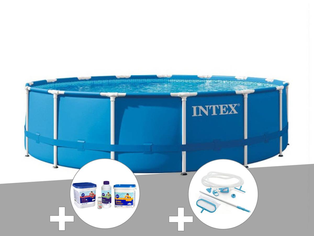 Kit piscine tubulaire Intex Metal Frame ronde 4,57 x 1,22 m + Kit de traitement au chlore + Kit d'entretien - Image 1
