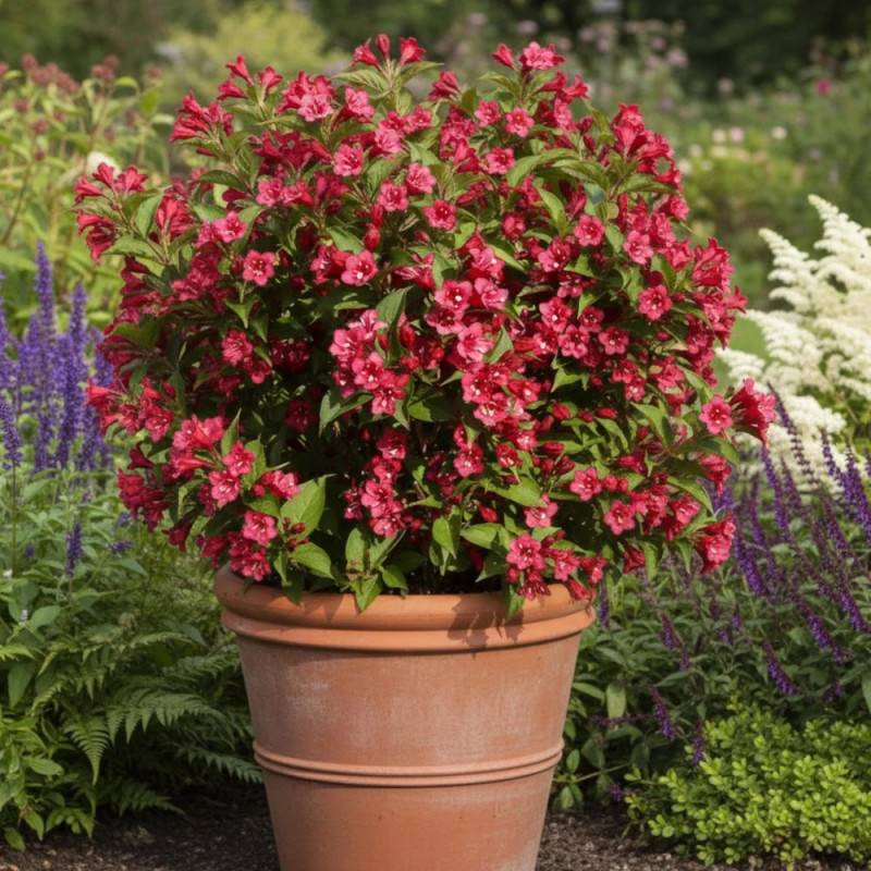 Weigela Bristol Ruby, Weigelia à fleurs Rouge - feuillage Caduc - Pot de 3L - 20/40 cm-  hauteur à maturité De 1,00 m à 1,50 m - Image 5