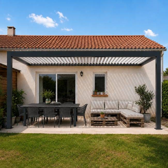 Pergola Bioclimatique Aluminium Adossée Motorisée Éclairée 5x3 Anthracite SV ORIAL France - Image 7