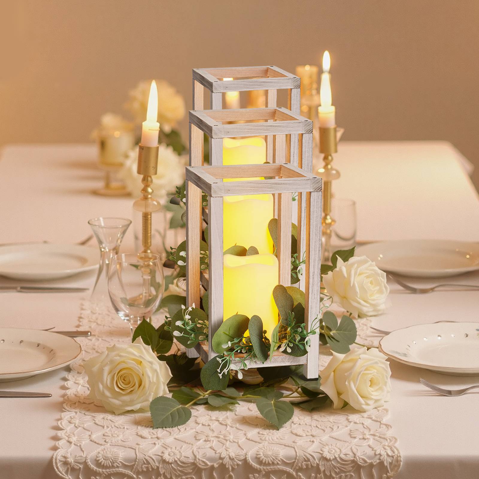 VEVOR Lanterne de Mariage Bois avec Bougies LED Couronnes Fleur Lot de 12 Blanc - Image 8