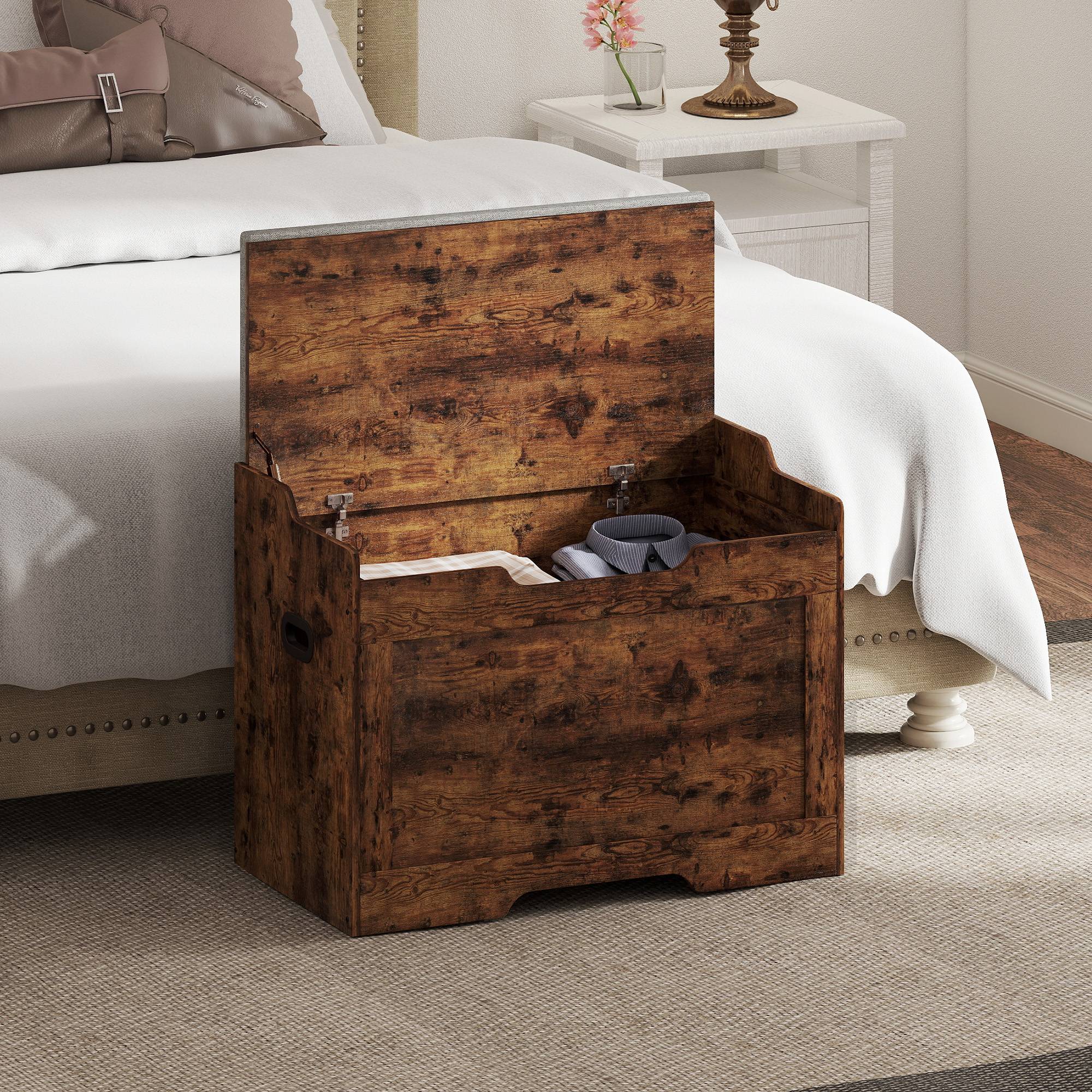 Banc coffre rangement bois 103 L avec coussin tissu gris, meuble multifonction salon entrée chambre gain de place 75x40x56 cm - Image 4