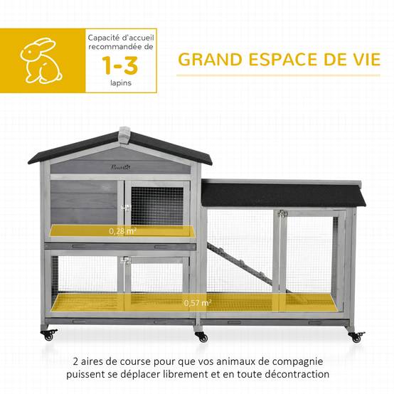 Clapier bois pour lapins petit enclos animaux villa pour lapin sur roulettes 2 étages 3 plateaux coulissants 157,4 x 53 x 99,5 cm gris - Image 6