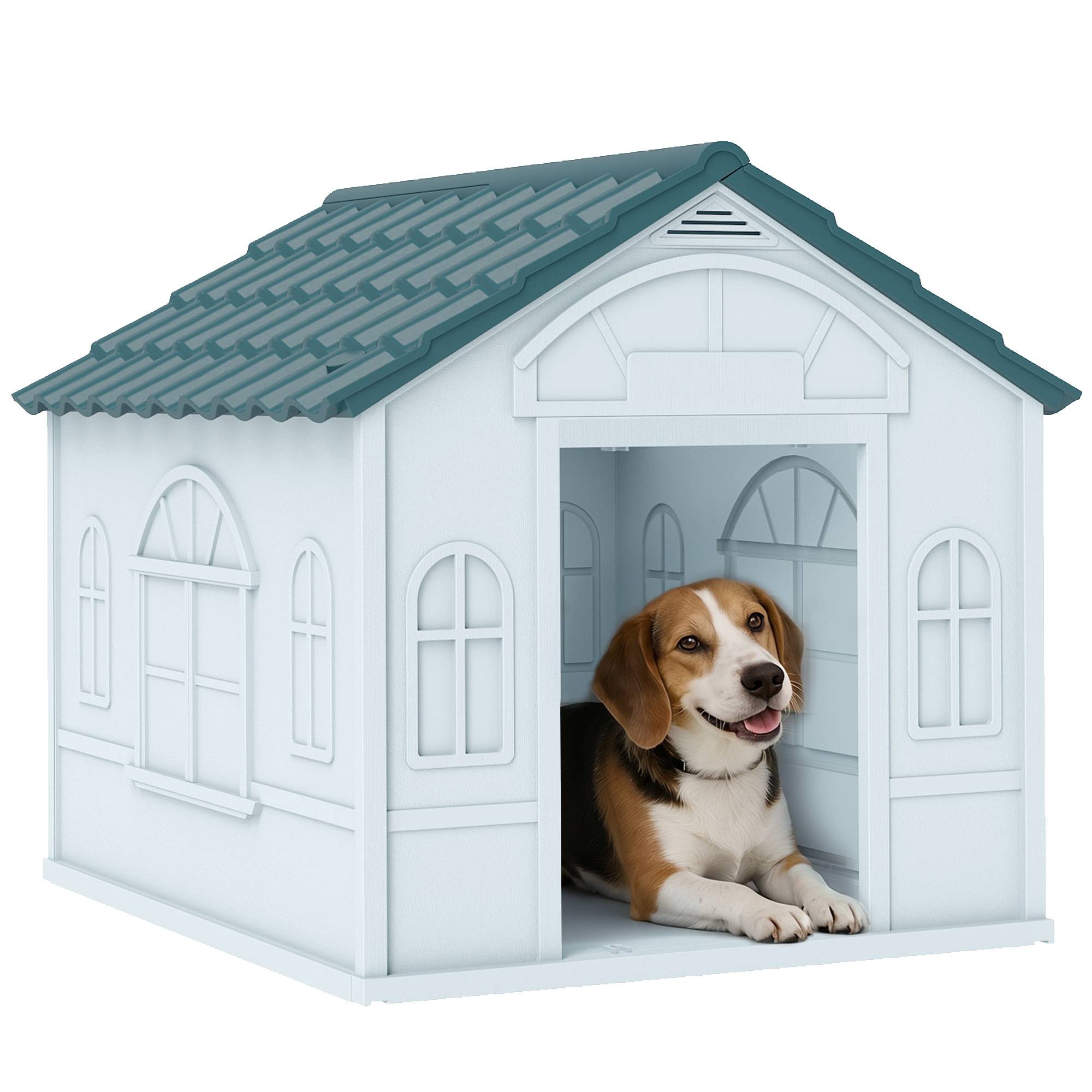 Niche pour chien moyen, fausses fenêtres et toit imitation tuiles, 65x75,7x63 cm, bleu-vert et blanc - Image 1
