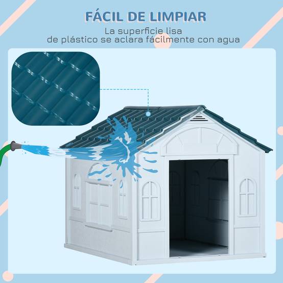 Niche pour chien moyen, fausses fenêtres et toit imitation tuiles, 65x75,7x63 cm, bleu-vert et blanc - Image 7