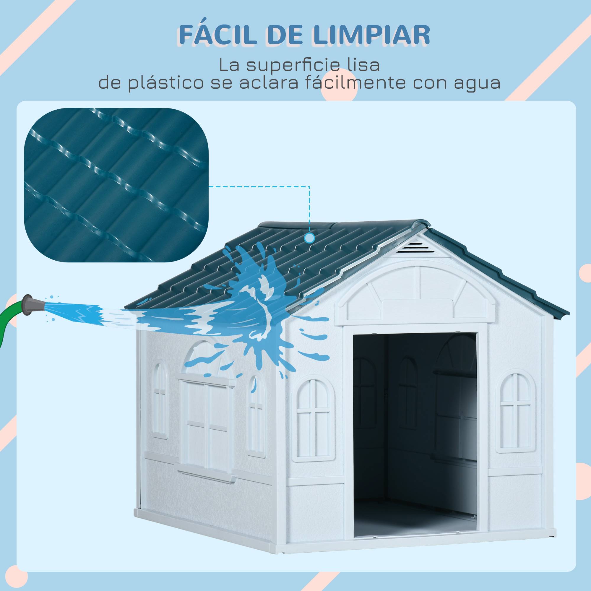 Niche pour chien moyen, fausses fenêtres et toit imitation tuiles, 65x75,7x63 cm, bleu-vert et blanc - Image 7