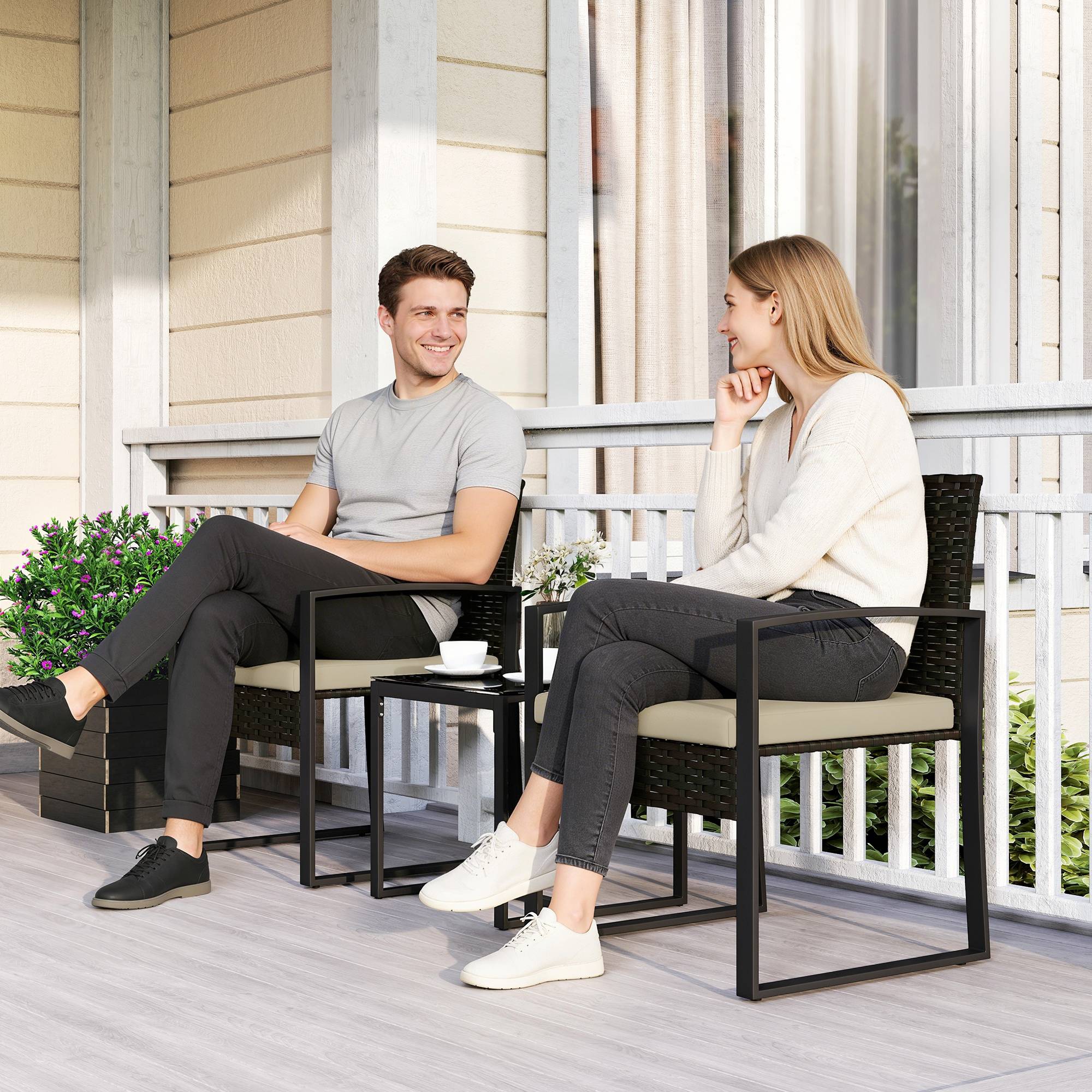Salon de jardin extérieur en résine tressée 2 personnes, table de jardin avec 2 chaises, plateau en verre trempé, marron - Image 4