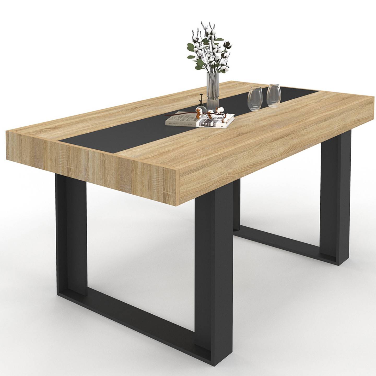 Table à manger rectangle PHOENIX 6 personnes bois et noir bande centrale noire 160 cm - Image 2
