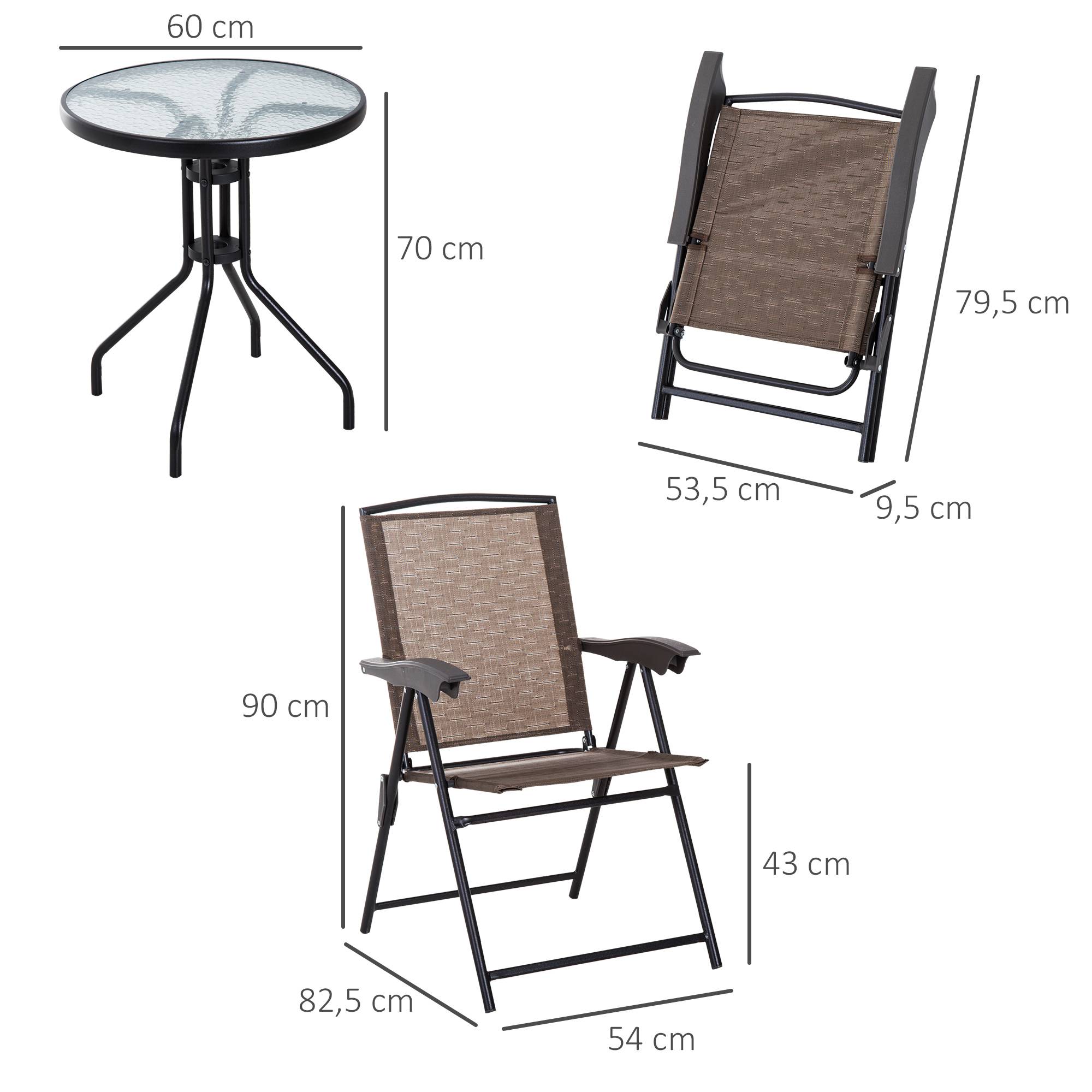 Ensemble table et 2 chaises de jardin extérieur patio terrasse, chaise pliante dossier inclinable 4 niveaux, textilène acier marron - Image 4