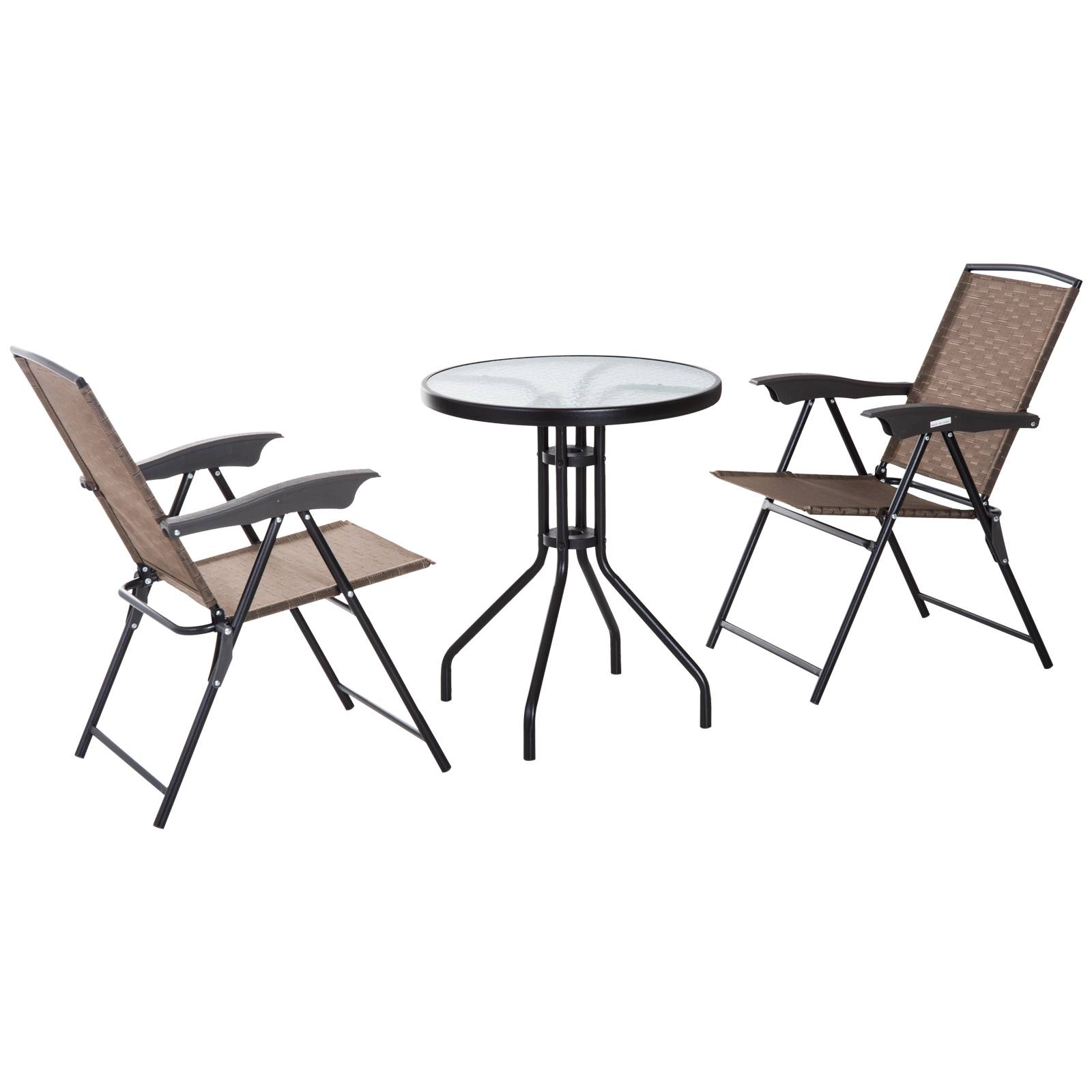 Ensemble table et 2 chaises de jardin extérieur patio terrasse, chaise pliante dossier inclinable 4 niveaux, textilène acier marron - Image 2