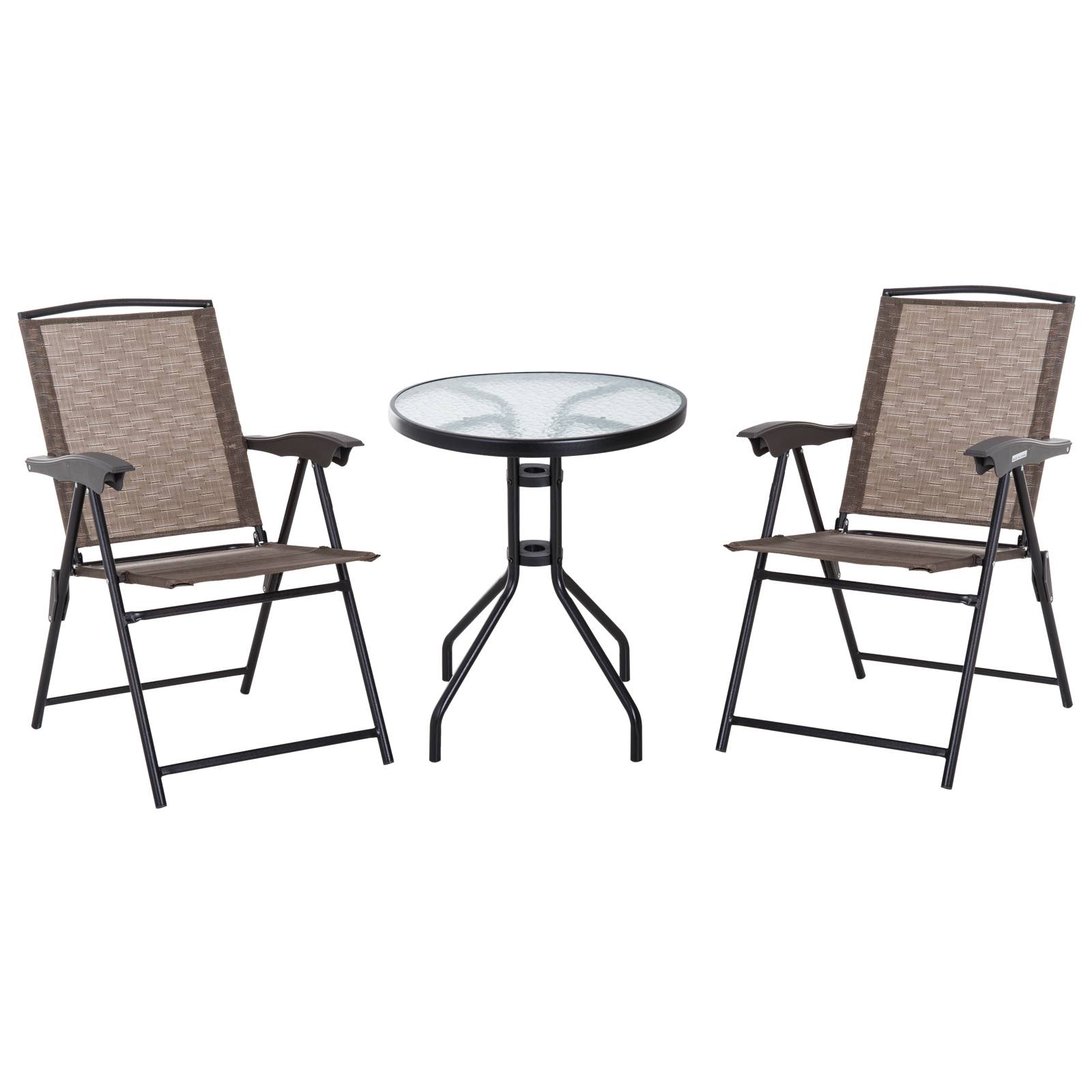 Ensemble table et 2 chaises de jardin extérieur patio terrasse, chaise pliante dossier inclinable 4 niveaux, textilène acier marron - Image 1