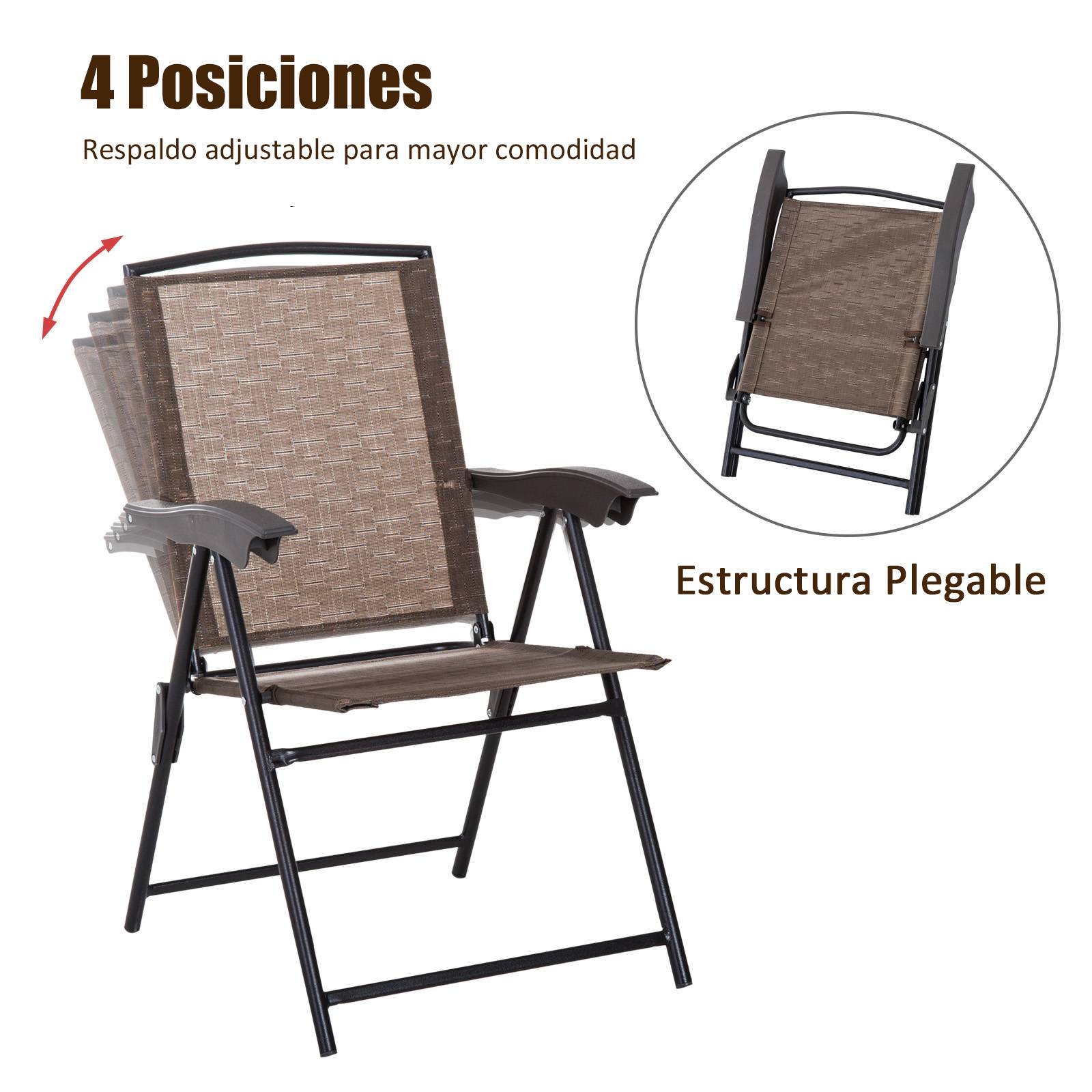 Ensemble table et 2 chaises de jardin extérieur patio terrasse, chaise pliante dossier inclinable 4 niveaux, textilène acier marron - Image 5