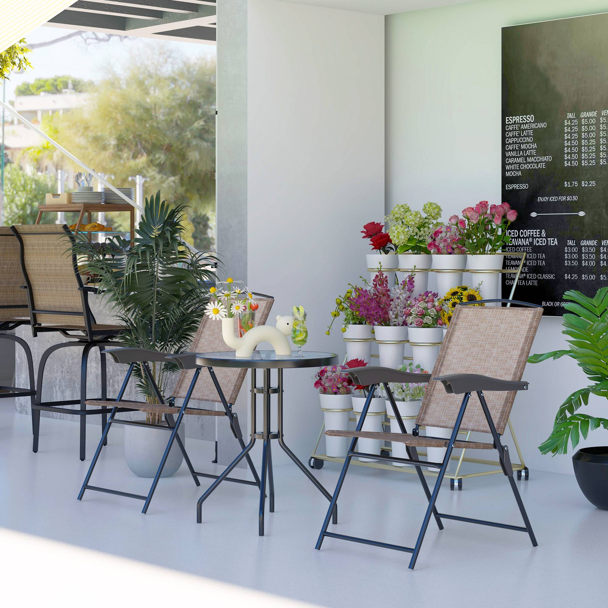 Ensemble table et 2 chaises de jardin extérieur patio terrasse, chaise pliante dossier inclinable 4 niveaux, textilène acier marron - Image 10