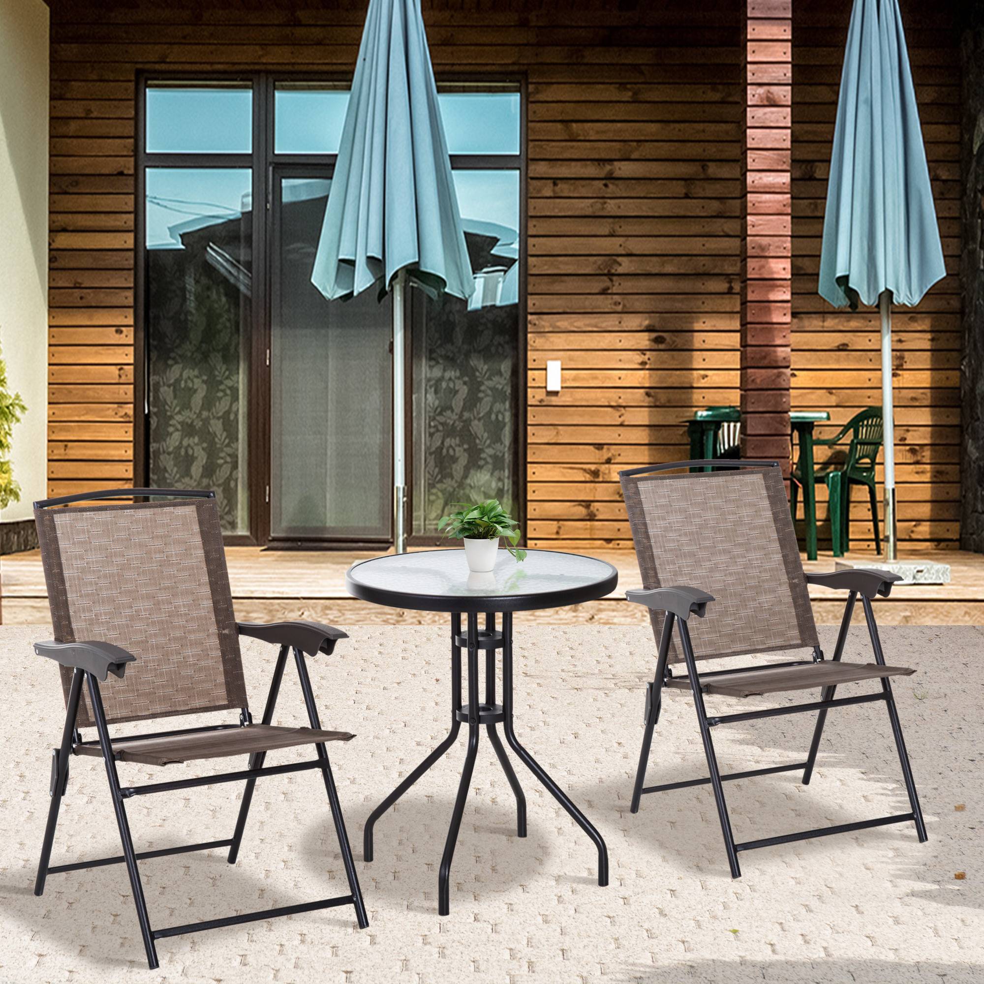 Ensemble table et 2 chaises de jardin extérieur patio terrasse, chaise pliante dossier inclinable 4 niveaux, textilène acier marron - Image 3